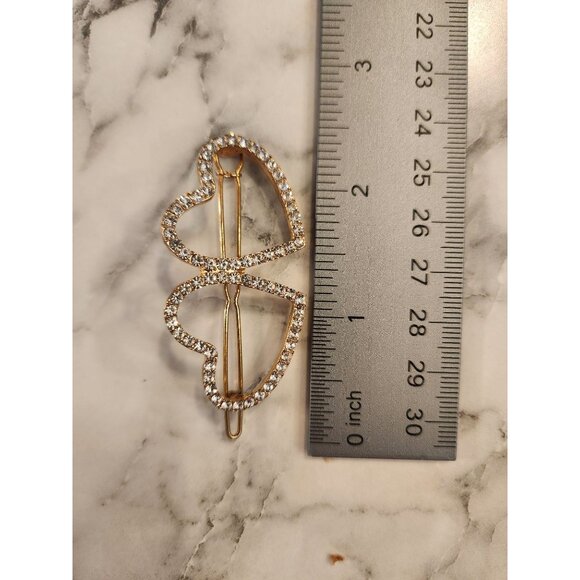 Double Heart Rhinestone Hair Clip Barrette Gold Tone - Picture 3 of 3
